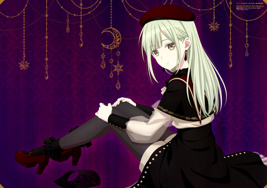 1girl absurdres animedia artist_request bang_dream! bang_dream!_it&#039;s_mygo!!!!! beret black_capelet black_skirt black_socks capelet copyright_name copyright_notice earrings green_hair grey_pantyhose hair_behind_ear hands_on_own_knees hat highres jewelry knees_up long_hair long_sleeves looking_at_viewer looking_to_the_side magazine_scan mary_janes mortis_(bang_dream!) mortis_(costume)_(bang_dream!) no_mask official_art overskirt pantyhose pantyhose_under_shorts patterned_background red_hat red_shoes scan see-through_clothes see-through_sleeves shoes shorts sidelocks sitting skirt socks solo wakaba_mutsumi yellow_eyes