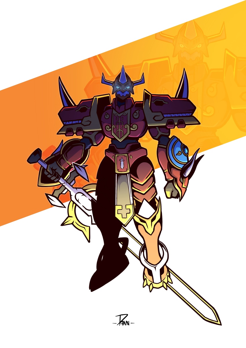 absurdres armor danzart_24 digimon digimon_(creature) digimon_frontier full_body glowing glowing_eyes green_eyes helmet highres holding holding_sword holding_weapon kaisergreymon orange_helmet red_armor simple_background solo_focus standing sword weapon white_background zoom_layer