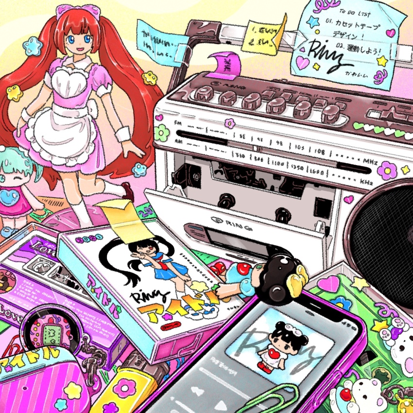apron cassette_player cassette_tape cellphone charm_(object) commentary dress english_commentary figure highres iphone lighter loaded_interior maid no_humans original phone pink_dress procreate_(medium) red_hair retro_artstyle ring_411 smartphone sticky_note still_life tamagotchi tamagotchi_(virtual_pet) toy twintails