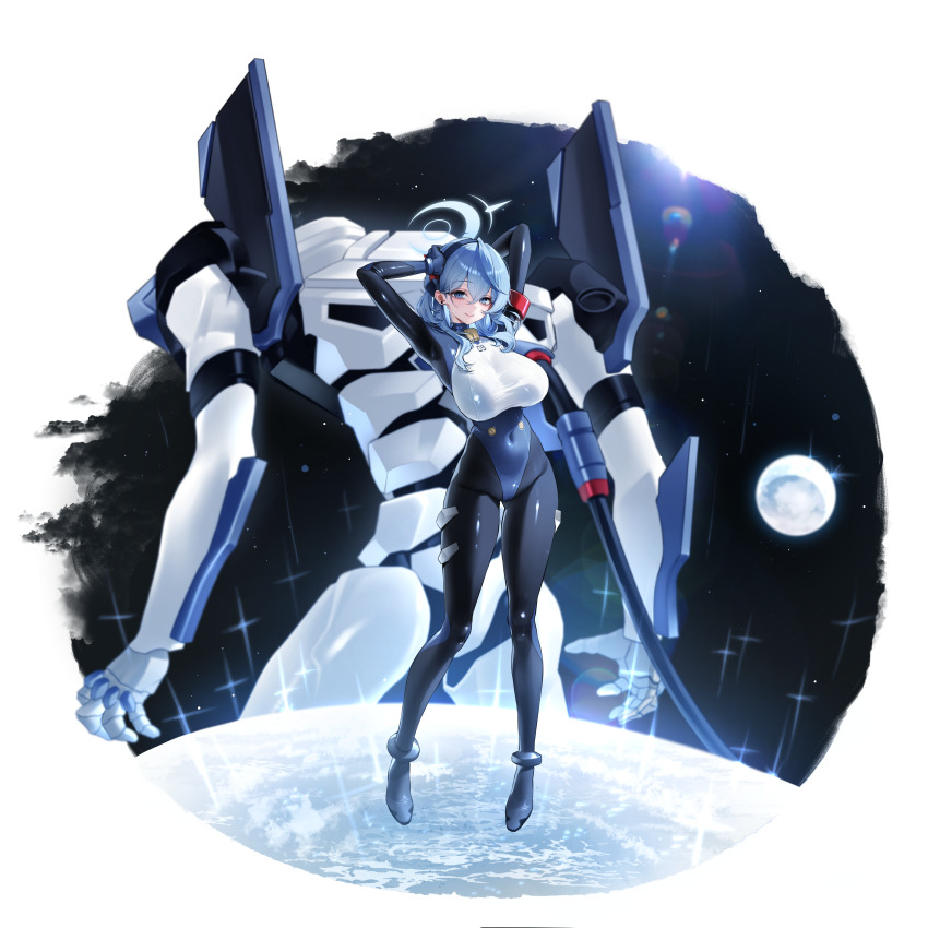 1girl absurdres ako_(blue_archive) alternate_costume arm_behind_head arms_behind_head arms_up bell black_bodysuit black_hairband blue_archive blue_eyes blue_hair blue_halo bodysuit breasts chano39 closed_mouth commentary covered_armpit covered_navel cowbell earrings earth_(planet) eva_00 evangelion_(mecha) full_body hair_between_eyes hair_ornament hairband halo hand_on_own_head highleg highres jewelry large_breasts looking_at_viewer mecha_pilot_suit medium_hair moon multicolored_bodysuit neck_bell neon_genesis_evangelion planet plugsuit_(evangelion) skin_tight smile stud_earrings tight_clothes