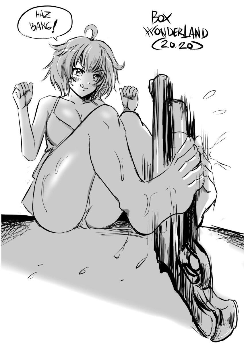 1girl barefoot box_wonderland breasts cleavage feet gun highres large_breasts legs licking_lips monochrome naughty_face original panties pantyshot sexually_suggestive short_hair shotgun sitting sketch smile solo sweat thick_thighs thighs tongue tongue_out underwear weapon yukino_akaihi yukino_memories