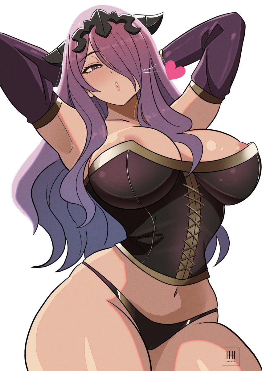 1girl areola_slip armpits arms_behind_head black_panties blowing_kiss blush bodice breasts camilla_(fire_emblem) cleavage fire_emblem fire_emblem_fates gloves hair_ornament hair_over_one_eye heart highres ihsnet large_breasts lips long_hair looking_at_viewer midriff navel nintendo panties puckered_lips purple_eyes purple_hair seductive_gaze simple_background skindentation solo thick_thighs thighs tiara underwear very_long_hair wavy_hair