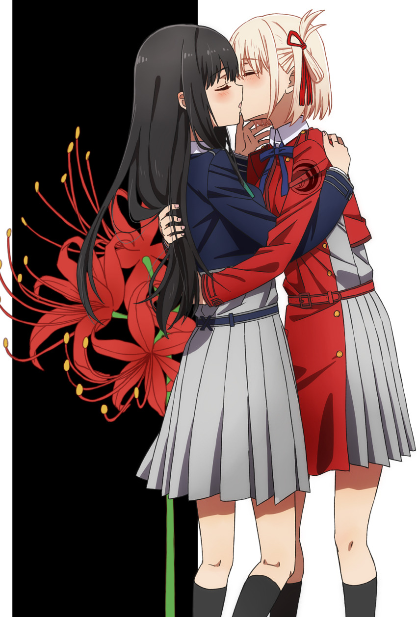 2girls black_hair blonde_hair blue_dress blush breasts closed_eyes dress grey_dress hair_ribbon highres hug inoue_takina kiss long_hair long_sleeves lycoris_recoil lycoris_uniform medium_breasts multiple_girls neck_ribbon nishikigi_chisato oiun one_side_up pleated_dress red_dress red_ribbon ribbon short_hair skirt two-tone_dress yuri