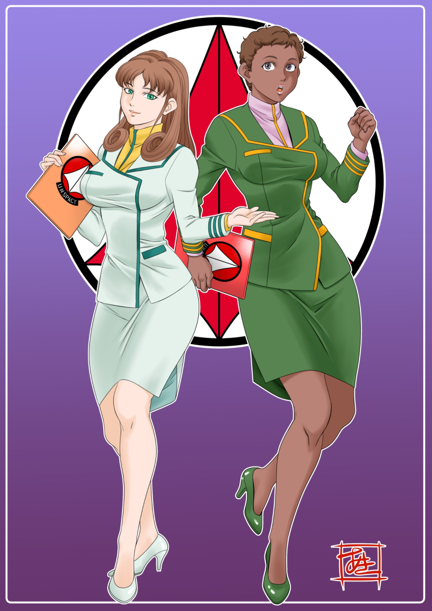 2girls aki_(pixiv_87336387) brown_eyes brown_hair choujikuu_yousai_macross claudia_lasalle commentary_request dark-skinned_female dark_skin emblem friends green_eyes hayase_misa high_heels highres holding holding_notebook long_hair looking_at_viewer macross military_uniform multiple_girls notebook open_mouth pumps running science_fiction short_hair signature skirt u.n._spacy