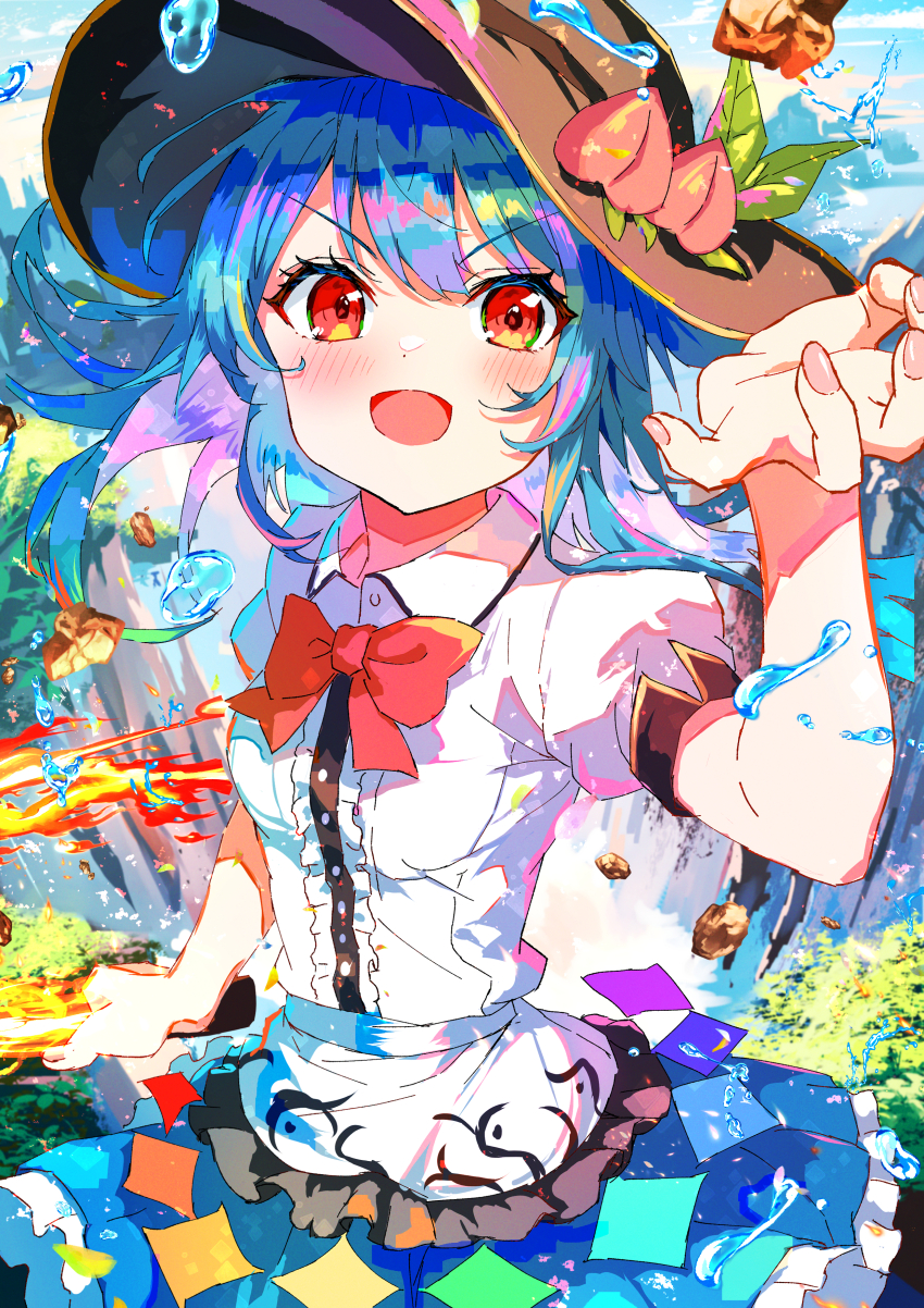 1girl absurdres blue_hair blue_skirt bow bowtie breasts brown_hat buttons center_frills collared_shirt commentary frilled_skirt frills hat hat_ornament highres hinanawi_tenshi holding holding_sword holding_weapon ibushi_roun leaf_hat_ornament long_hair looking_at_viewer open_mouth peach_hat_ornament puffy_short_sleeves puffy_sleeves red_bow red_bowtie red_eyes shirt short_sleeves skirt small_breasts solo sword sword_of_hisou touhou water water_drop weapon white_shirt