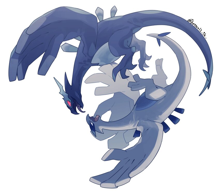 black_eyes dual_persona fangs full_body gen_2_pokemon highres legendary_pokemon looking_at_another lugia mamebato nintendo no_humans open_mouth pokemon pokemon_(creature) pokemon_focus pokemon_xd red_eyes shadow_lugia simple_background skin_fangs tail tongue twitter_username white_background wings
