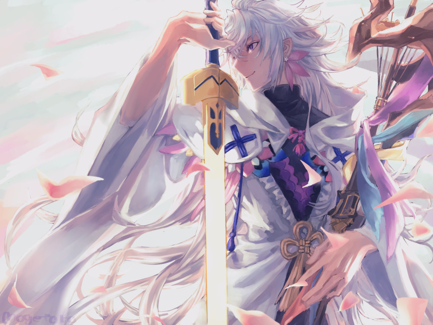 1boy ahoge bishounen black_pants center_frills fate/grand_order fate_(series) flower flower_knot frills hair_between_eyes hair_ornament highres holding holding_staff holding_sword holding_weapon hood hood_down hooded_robe long_hair long_sleeves looking_to_the_side male_focus merlin_(fate) momomogeta multicolored_hair pants petals pink_ribbon purple_eyes ribbon robe simple_background smile solo staff sword tassel turtleneck two-tone_hair very_long_hair weapon white_background white_hair white_robe wide_sleeves