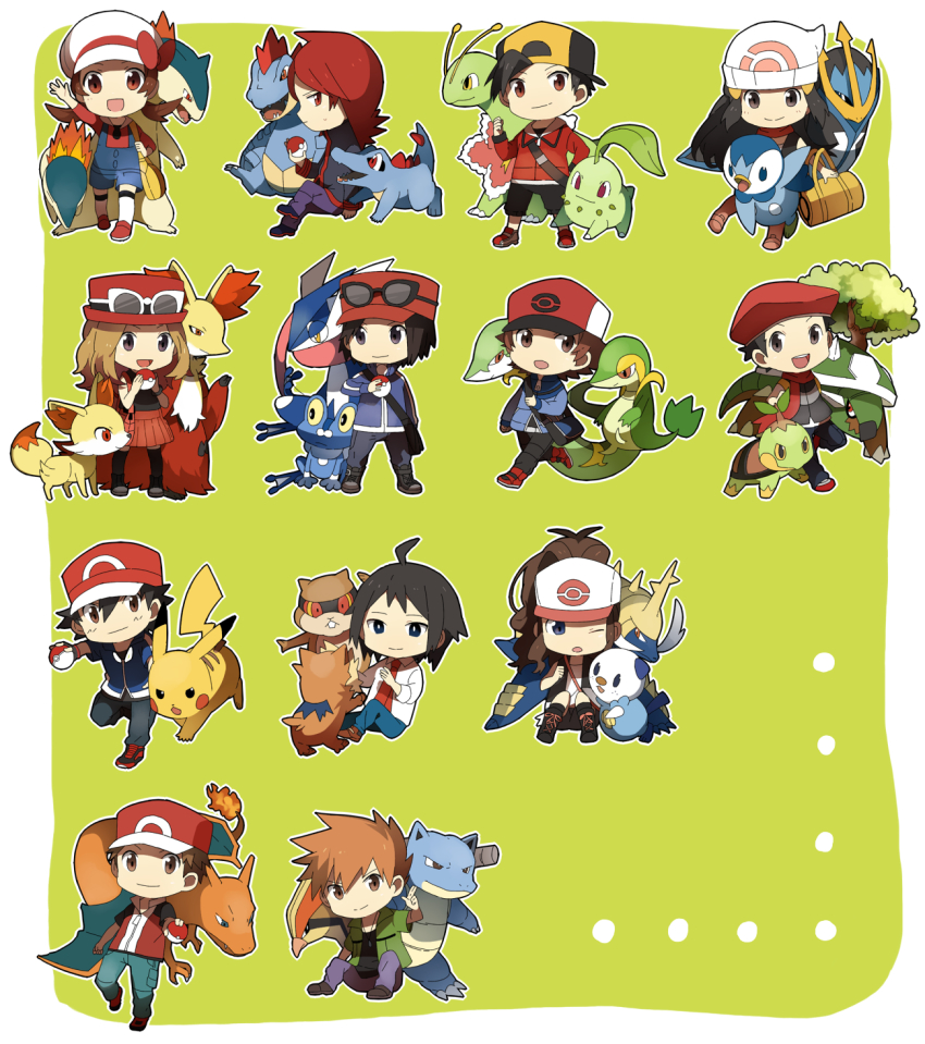 10s 4girls 6+boys ahoge arm_up ash_ketchum bag baseball_cap black_hair black_legwear blastoise blue_eyes blue_oak bow brown_hair calem_(pokemon) charizard cheren_(pokemon) chikorita cyndaquil dawn_(pokemon) denim dog dragon empoleon ethan_(pokemon) everyone eyewear_on_head fangs fennekin feraligatr fire_(pokemon) froakie gen_1_pokemon gen_2_pokemon gen_4_pokemon gen_5_pokemon gen_6_pokemon goggles green_background greninja handbag happy hat hat_bow heiwa_(murasiho) highres hilbert_(pokemon) hilda_(pokemon) jacket jeans lillipup long_hair lucas_(pokemon) lyra_(pokemon) meganium multiple_boys multiple_girls necktie nintendo on_floor one_eye_closed open_mouth oshawott pants pantyhose patrat pidgeot pikachu piplup poke_ball pokemon pokemon_(anime) pokemon_(creature) pokemon_xy red_hair samurott serena_(pokemon) serperior shirt shoes short_hair shoulder_bag silver_(pokemon) simple_background sitting smile sneakers snivy socks sunglasses thighhighs tongue torterra totodile turtwig twintails typhlosion white_shirt wink
