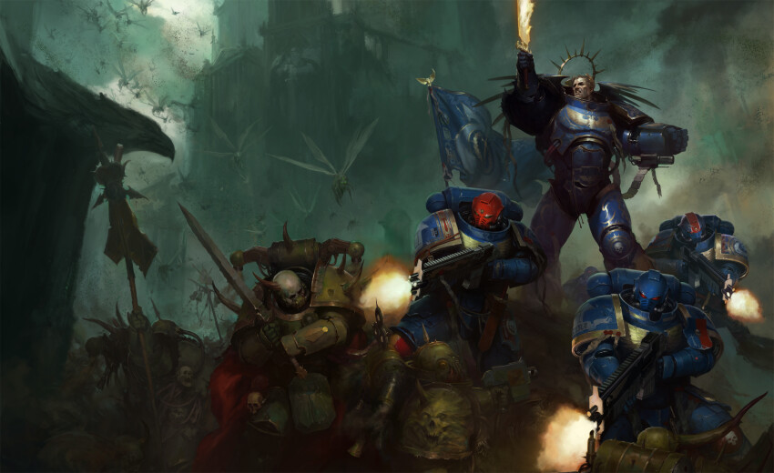6+boys adeptus_astartes armor armor_of_fate_(warhammer) battle bird blonde_hair blue_armor bug chaos_(warhammer) chaos_space_marine commentary death_guard eagle emperor&#039;s_sword_(warhammer) english_commentary firing full_armor halo highres holding holding_bolter igor_sid imperial_aquila imperium_of_man laurel_crown mechanical_halo multiple_boys official_art outdoors pauldrons plague_marine power_armor primarch purity_seal red_eyes roboute_guilliman rot_fly short_hair shoulder_armor solo_focus standing ultramarines warhammer_40k waving_flag