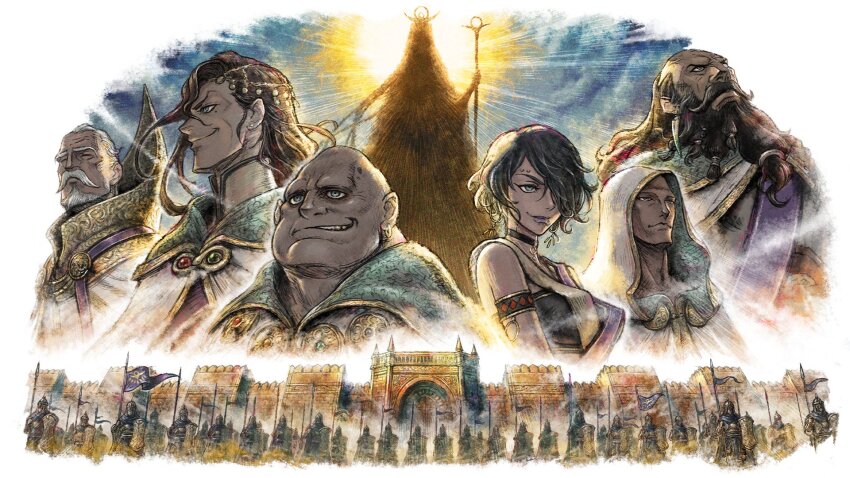 1girl 5boys bald banner beard black_hair cape commentary day earrings english_commentary exharme_marcial facial_hair gold_teeth grin highres hood hyzantian_soldier idore_delmira ikusy jewelry kamsell_pharant lipstick long_hair lyla_viscraft makeup multiple_boys mustache official_art old old_man polearm short_hair smile smug soldier sorsley_ende spear sunlight tenebris_mistel triangle_strategy upper_body wall weapon white_hair