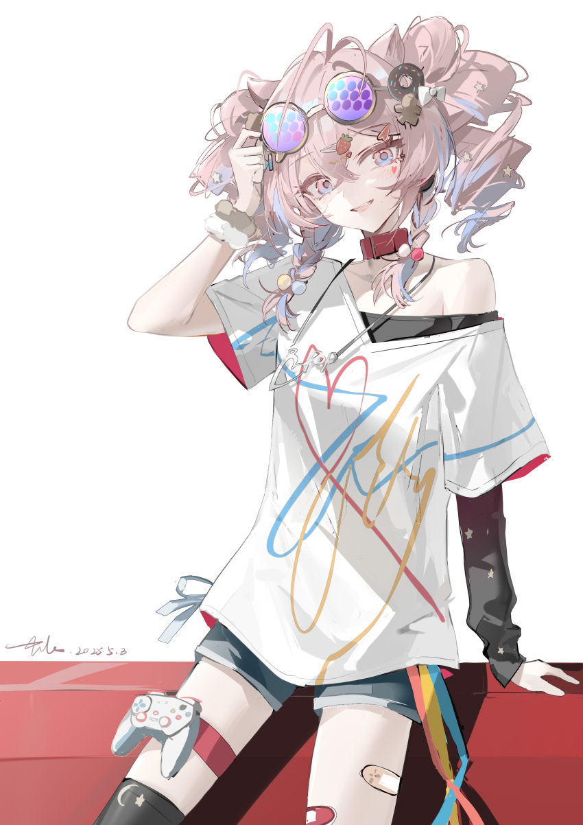1girl absurdres adjusting_eyewear ambience_synesthesia animal_ears antenna_hair arknights arm_support armpit_crease bandaid bandaid_on_leg belt_collar black_shirt blue_shorts blush bow braid breasts collar commentary controller cowboy_shot dated donut_hair_ornament drill_hair english_commentary facial_mark finger_on_eyewear food-themed_hair_ornament game_controller gamepad gradient_eyes hair_between_eyes hair_bow hair_ornament hamster_ears hand_up heart heart_facial_mark highres layered_clothes layered_sleeves long_sleeves luozhou_pile medium_breasts medium_hair multicolored_eyes multicolored_hair off-shoulder_shirt off_shoulder official_alternate_costume pink_eyes purple_eyes purple_hair round_eyewear scrunchie see-through_clothes see-through_shirt shirt short_over_long_sleeves short_sleeves shorts sidelocks signature single_bare_shoulder single_sleeve smile solo star_(symbol) star_hair_ornament sunglasses t-shirt thigh_strap twin_braids twin_drills two-tone_hair u-official_(arknights) white_shirt wrist_scrunchie