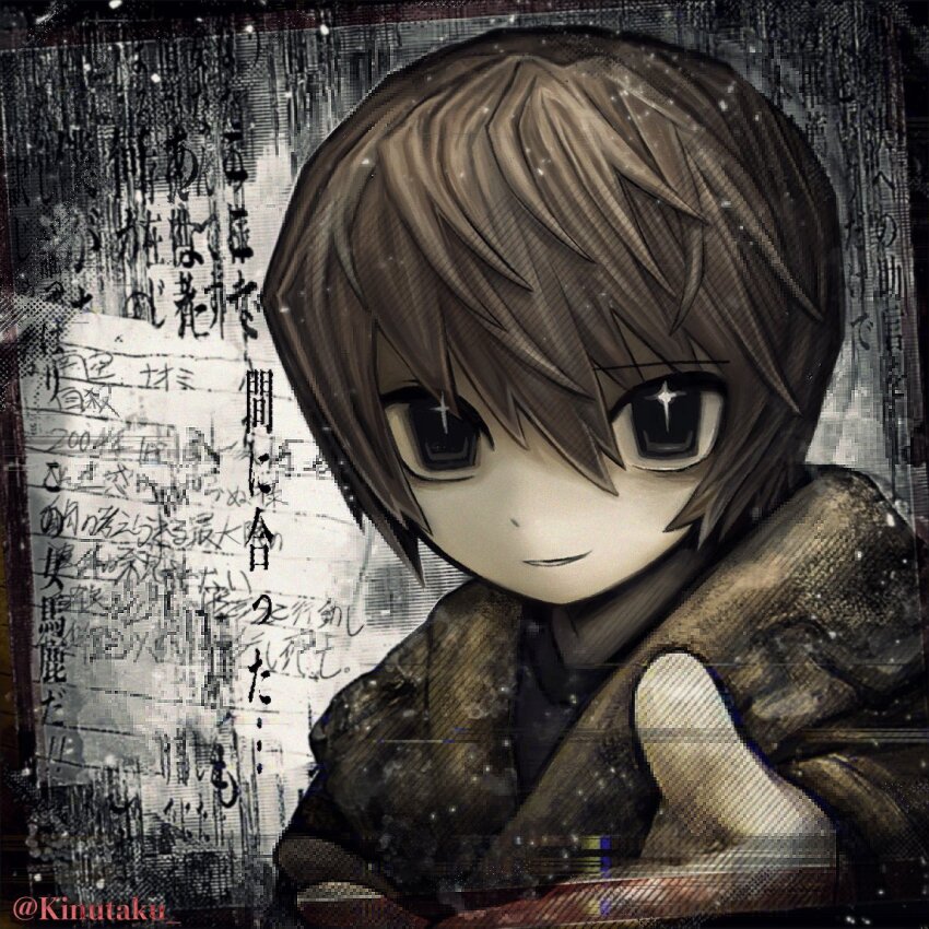 1boy artist_name black_eyes blood blood_on_hands brown_hair brown_jacket death_note highres jacket kinutaku looking_at_viewer male_focus note portrait short_hair smile solo teeth upper_body yagami_light