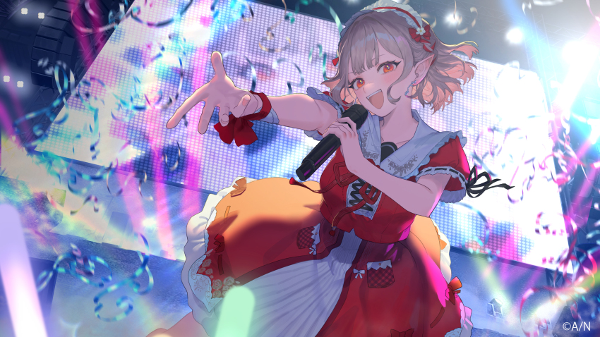1girl :d absurdres blurry blurry_background commentary_request concert confetti copyright_notice dress earrings elu_(8th_costume)_(nijisanji) elu_(nijisanji) frilled_dress frilled_shirt_collar frills grey_hair highres holding holding_microphone jewelry long_hair looking_at_viewer microphone music nijisanji official_alternate_costume official_art open_mouth outstretched_arm pleated_dress pointy_ears reaching reaching_towards_viewer red_dress red_eyes red_ribbon red_shirt ribbon second-party_source shirt short_hair short_sleeves singing smile solo teeth ukimesato upper_teeth_only virtual_youtuber wrist_bow