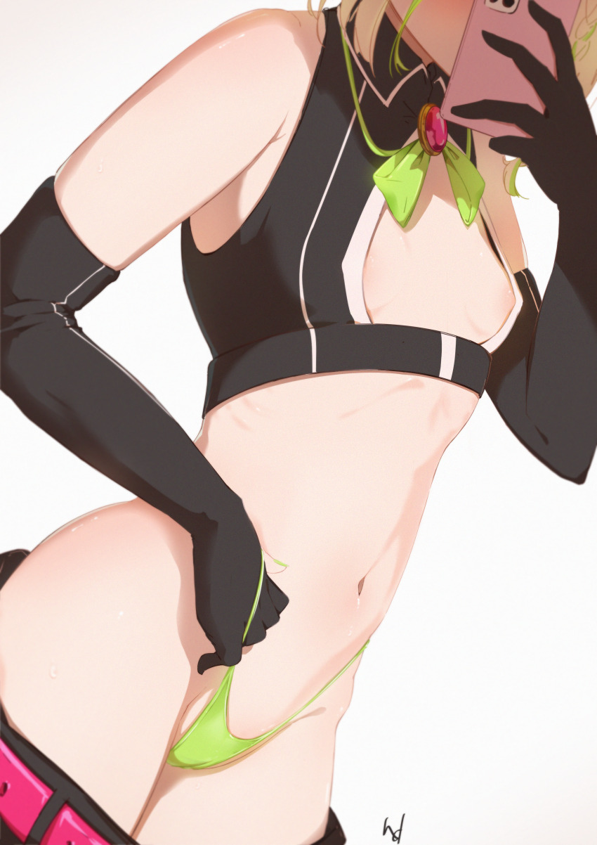 1girl absurdres black_gloves blonde_hair bow breasts cameltoe cellphone commentary elbow_gloves english_commentary eyes_out_of_frame fuzuki_miki gloves green_bow green_hair green_panties hdukl head_out_of_frame highleg highleg_panties highres holding holding_phone indie_virtual_youtuber mirror_selfie multicolored_hair navel nipple_slip nipples panties phone pulling_own_clothes selfie small_breasts smartphone solo stomach strap_pull streaked_hair string_panties thong underwear virtual_youtuber white_background