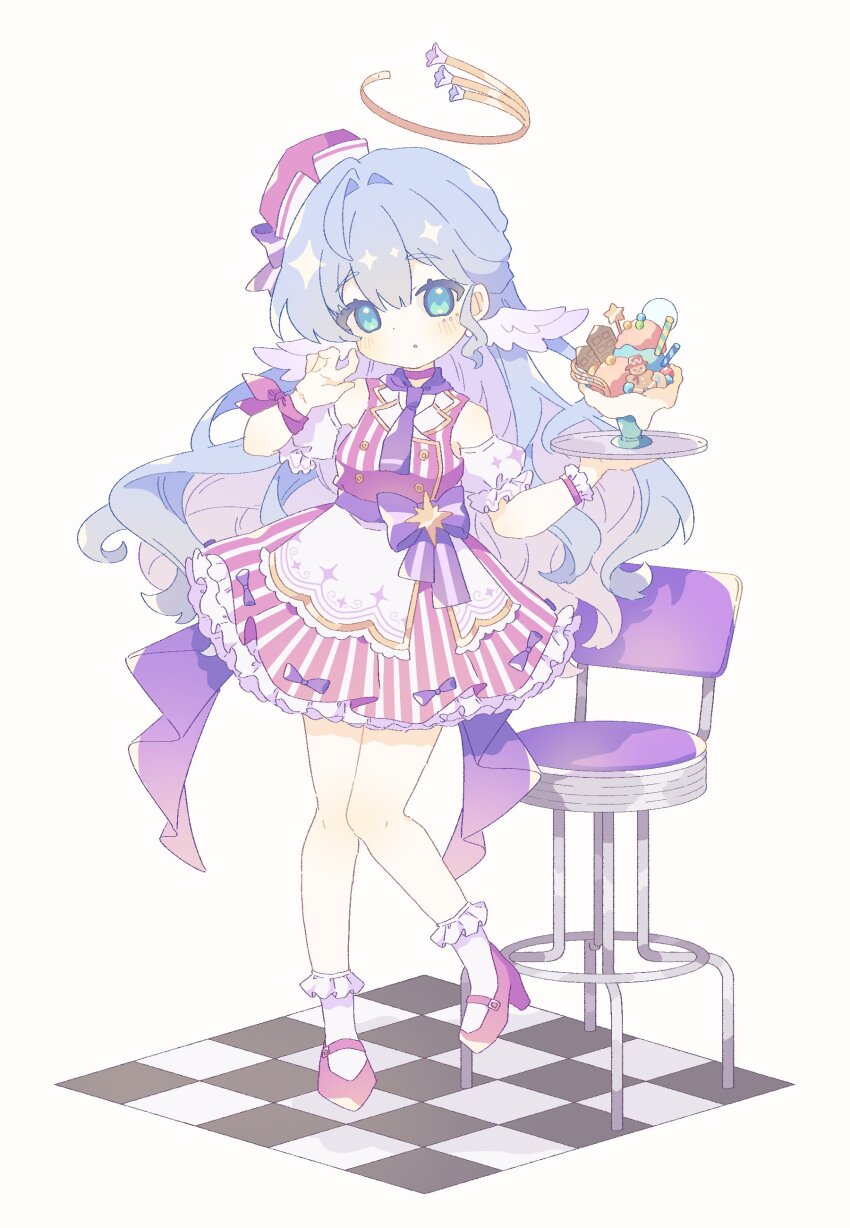 absurdres apron aqua_eyes bow cafe chair chibi colored_eyelashes detached_sleeves dress feathered_wings food frills halo hat head_wings highres honkai:_star_rail honkai_(series) ice_cream komano_shia long_hair looking_at_viewer pink_dress pink_shoes puffy_short_sleeves puffy_sleeves purple_bow purple_hair robin_(honkai:_star_rail) shoes short_sleeves socks striped_clothes striped_dress white_socks white_wings wings