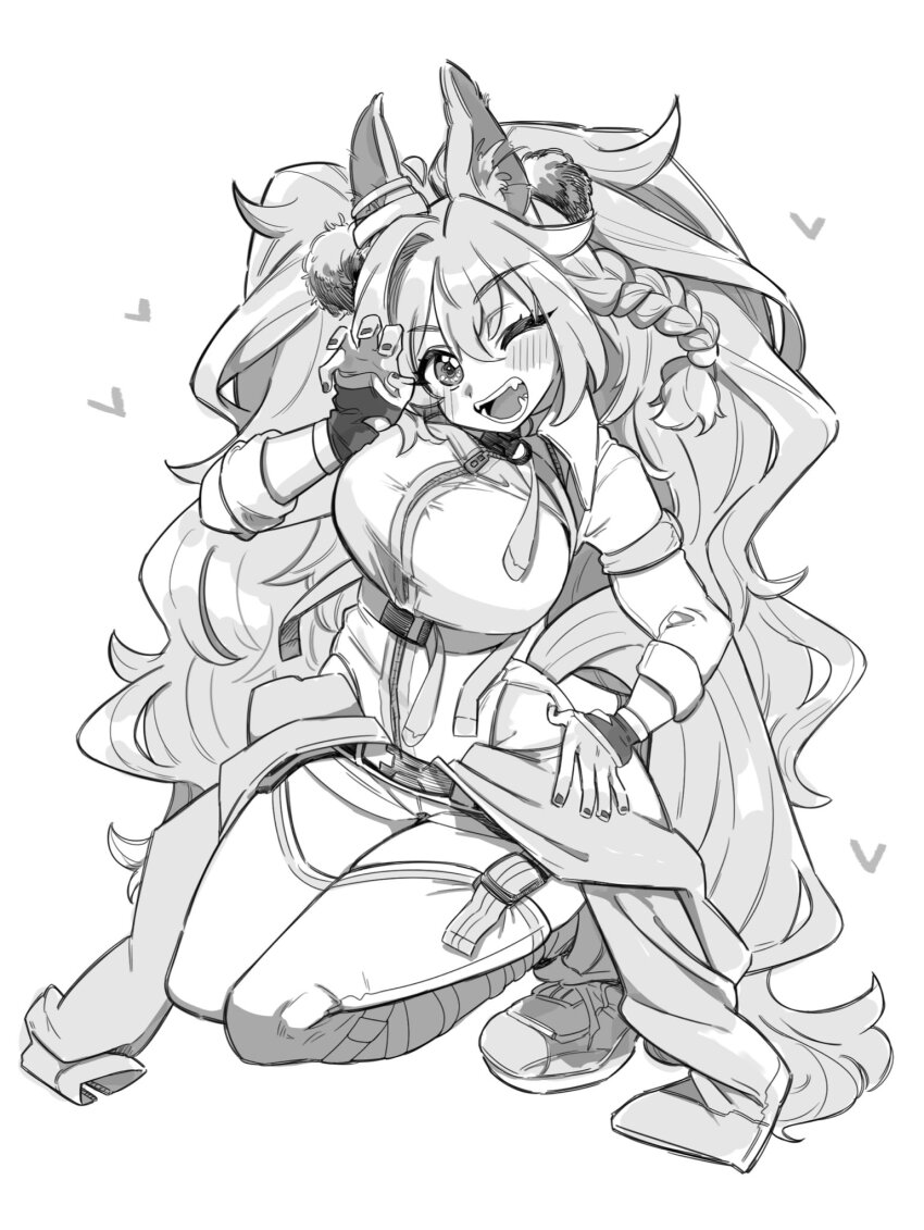 1girl animal_ears blast_onepiece_(umamusume) braid clothes_around_waist commentary ear_ornament full_body greyscale groin hair_between_eyes head_tilt heart highres hip_vent horse_ears horse_girl jacket jacket_around_waist long_hair monochrome one_eye_closed shoes simple_background sneakers solo squatting umamusume very_long_hair white_background yawaraka_yusen zipper