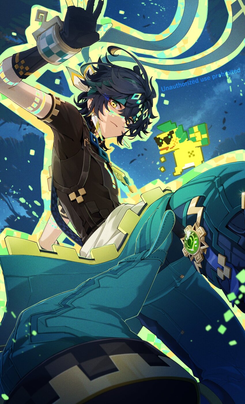 1boy ajaw_(genshin_impact) antenna_hair aqua_headband aqua_pants arm_tattoo arm_up aura black_gloves black_hair black_ribbon black_shirt blonde_hair blue_pants blue_ribbon bracelet chest_harness clothes_around_waist commentary_request crossed_bangs earrings facial_tattoo from_below genshin_impact gloves glowing_tattoo green_eyes green_hair hair_between_eyes hair_ribbon harness headband highres itsumono_katze jewelry kinich_(genshin_impact) looking_at_viewer looking_down male_focus multicolored_eyes multicolored_hair night night_sky outdoors pants parted_bangs ribbon shirt short_hair short_sleeves sky smile solo star_(sky) starry_sky streaked_hair tattoo vision_(genshin_impact) watermark white_ribbon yellow_eyes