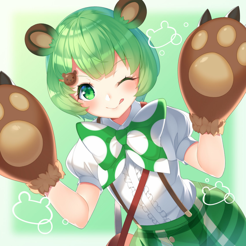 &gt;_o 1girl ;p animal_ears animal_hands animare bag bear_ears bear_hair_ornament blush bow brown_gloves center_frills closed_mouth collared_shirt dutch_angle female_focus frills fur-trimmed_gloves fur_trim gloves green_bow green_eyes green_hair green_skirt hair_ornament hairclip hands_up highres hinokuma_ran kokka_han nanashi_inc. one_eye_closed paw_gloves plaid_clothes plaid_skirt polka_dot polka_dot_bow puffy_short_sleeves puffy_sleeves shirt short_sleeves shoulder_bag skirt smile solo suspender_skirt suspenders tongue tongue_out v-shaped_eyebrows virtual_youtuber white_shirt