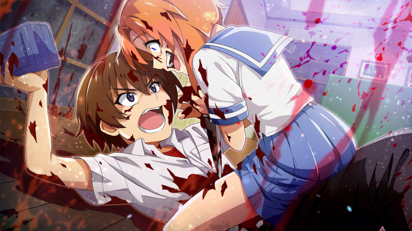 1boy 1girl alarm_clock black_pants blood blood_on_arm blood_on_clothes blood_on_face blood_splatter blue_eyes blue_sailor_collar blue_skirt blurry brown_hair clock collared_shirt crazy_smile depth_of_field dutch_angle eye_contact game_cg highres higurashi_no_naku_koro_ni higurashi_no_naku_koro_ni_mei holding holding_alarm_clock holding_knife indoors knife looking_at_another maebara_keiichi miniskirt non-web_source official_art open_mouth orange_hair pants pleated_skirt red_undershirt ryuuguu_rena sailor_collar school_uniform serafuku shirt shirt_under_shirt short_hair short_sleeves skirt smile straddling teeth v-shaped_eyebrows wet_lens white_shirt wooden_floor