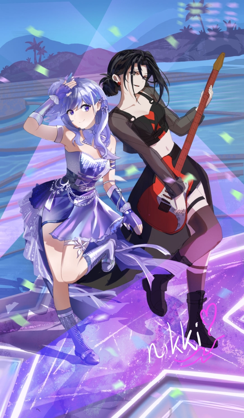 2girls ankle_socks arm_ribbon armband asymmetrical_legwear asymmetrical_skirt bass_guitar beach black_boots black_hair black_lips black_shirt black_skirt blue_sky boots bow bow_choker bowtie chinese_commentary choker closed_mouth collarbone commentary_request confetti copyright_name counterflow_concerto_(infinity_nikki) crop_top dress earrings eyelashes feather_hair_ornament feathers fingerless_gloves frilled_arm_warmers full_body gloves grey_eyes grey_thighhighs guitar hair_bow hair_bun hair_ornament hair_over_shoulder hand_on_own_head happy headset highres idol infinity_nikki instrument island jewelry knee_boots leg_up light_blush lipstick long_hair long_skirt long_sleeves makeup midriff mingastrid multiple_girls music navel night nikki_(series) one_side_up outdoors palm_tree playing_guitar playing_instrument punk purple_arm_warmers purple_bow purple_bowtie purple_dress purple_eyes purple_gloves purple_hair purple_ribbon ribbon see-through_clothes see-through_sleeves shadow shirt short_dress short_hair short_hair_with_long_locks sidelocks single_hair_bun single_sock single_thighhigh skirt sky smile socks stage stage_lights standing star_(symbol) starry_nocturne_(infinity_nikki) strapless strapless_dress tareme thigh_strap thighhighs train_(clothing) tree white_armband