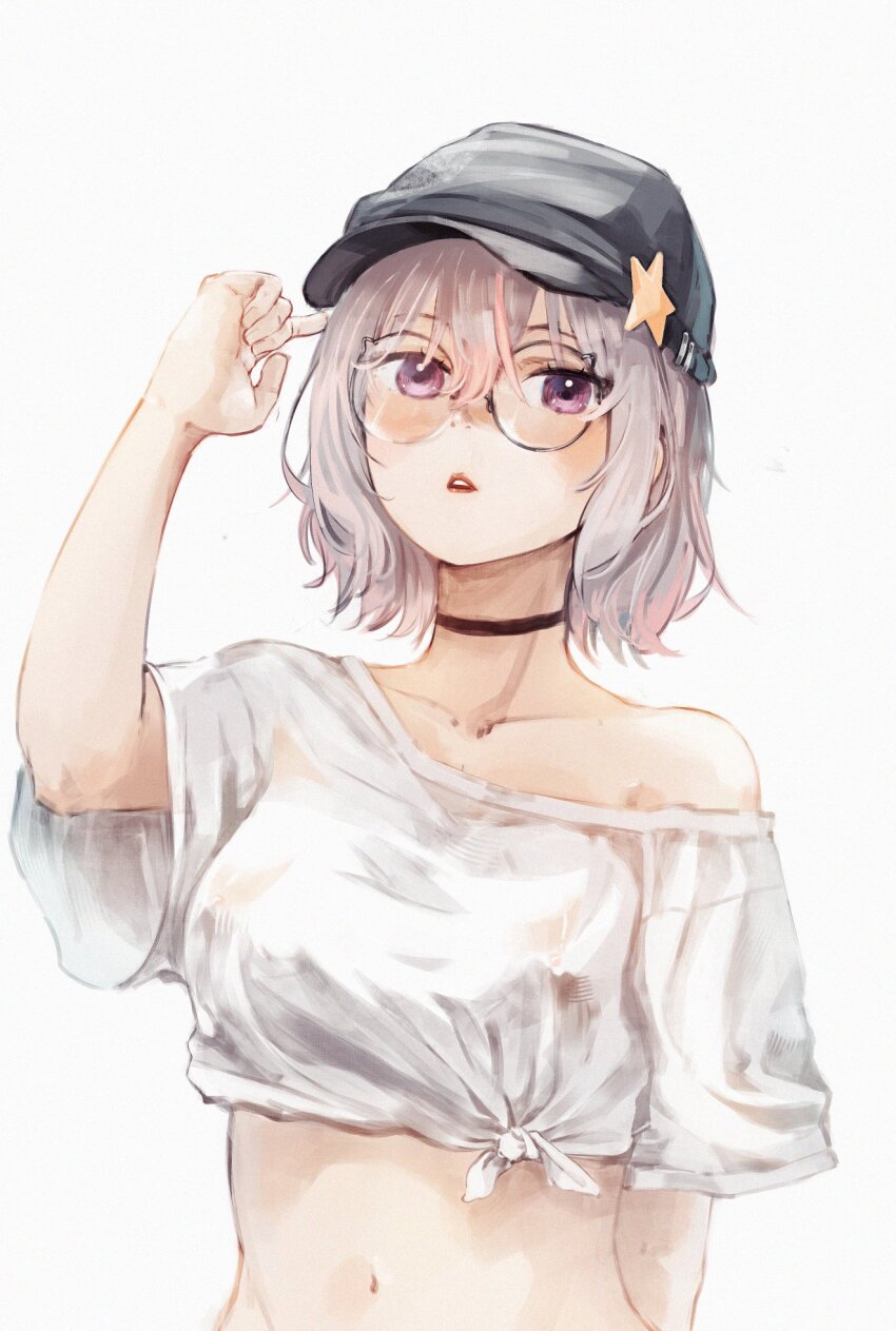 1girl annytf arm_up black_choker black_hat breasts choker collarbone commentary english_commentary glasses grey_hair hat highres indie_virtual_youtuber kan1360 looking_at_viewer medium_breasts multicolored_hair navel pink_hair purple_eyes shirt short_hair short_sleeves simple_background solo streaked_hair upper_body virtual_youtuber white_background white_shirt