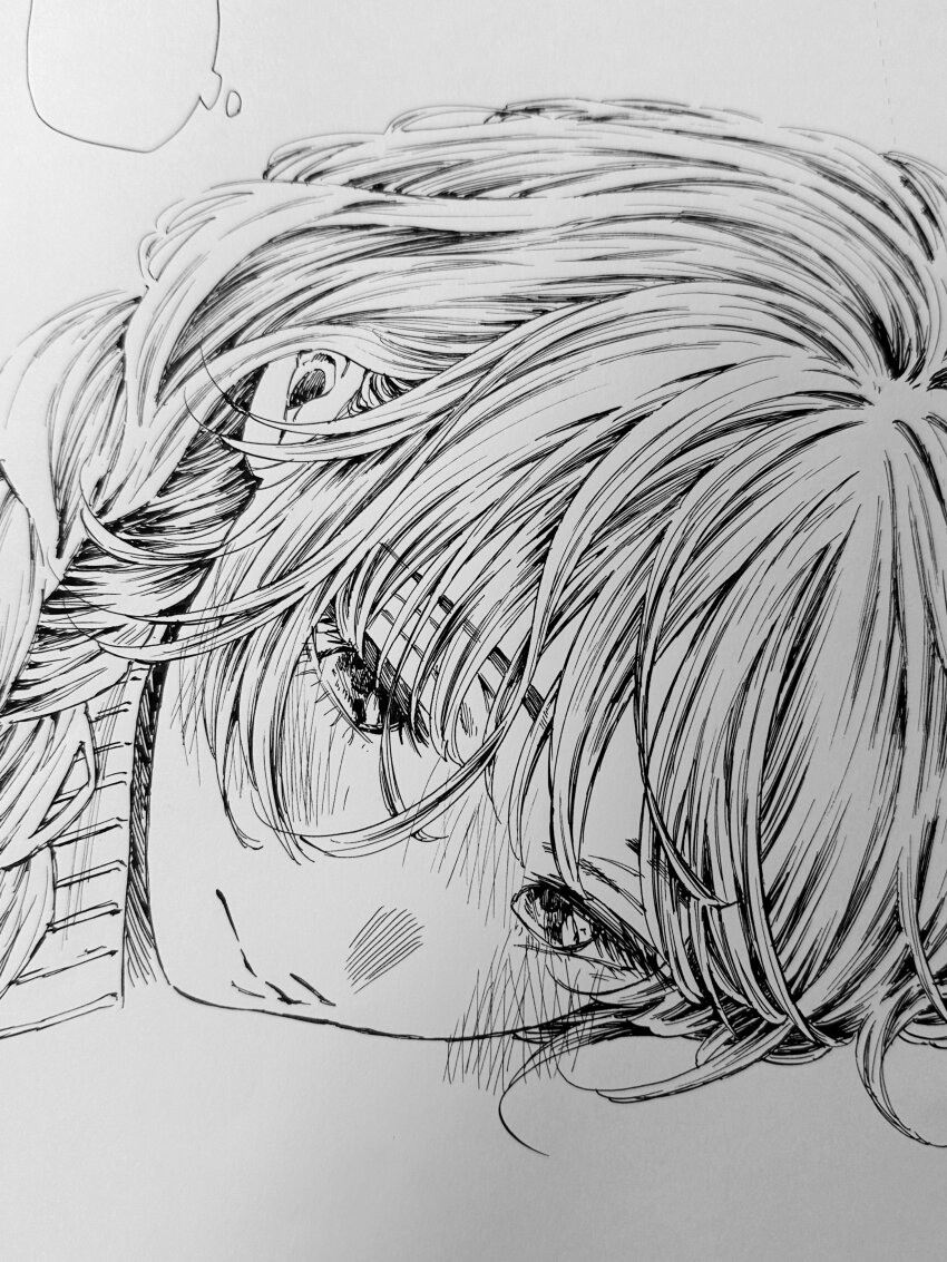 1girl absurdres blank_speech_bubble blush braid closed_mouth graphite_(medium) hair_over_eyes head_on_table highres kaoru_hana_wa_rin_to_saku long_bangs long_hair mikami_saka monochrome nose_blush official_art photo_(medium) profile single_braid solo speech_bubble thought_bubble traditional_media waguri_kaoruko