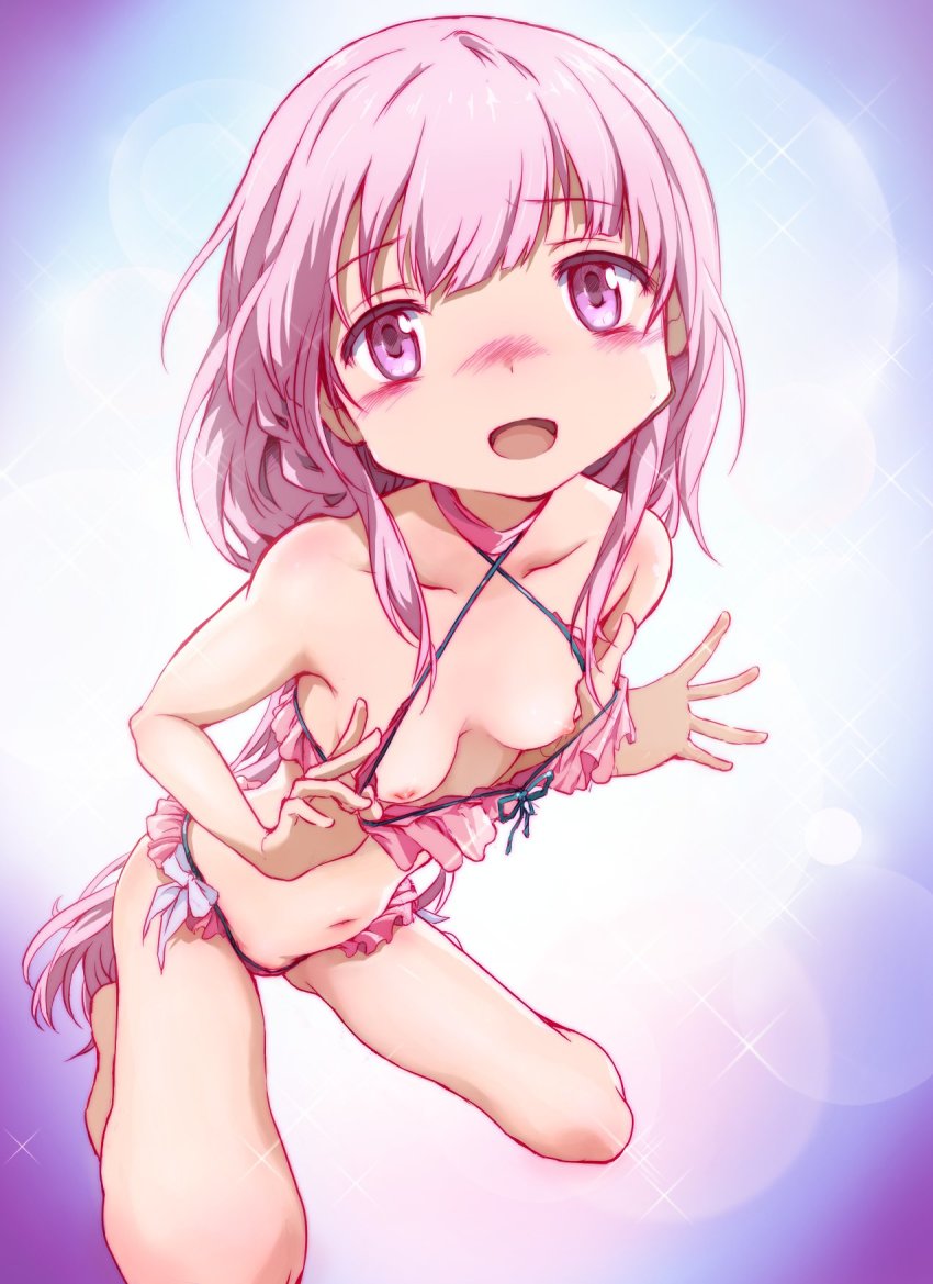 1girl blush breasts breasts_out emaciated flashing highres kneeling magia_record:_mahou_shoujo_madoka_magica_gaiden mahou_shoujo_madoka_magica medium_breasts nipples pink_eyes pink_hair shiika_sadamasa simple_background solo swimsuit tamaki_iroha
