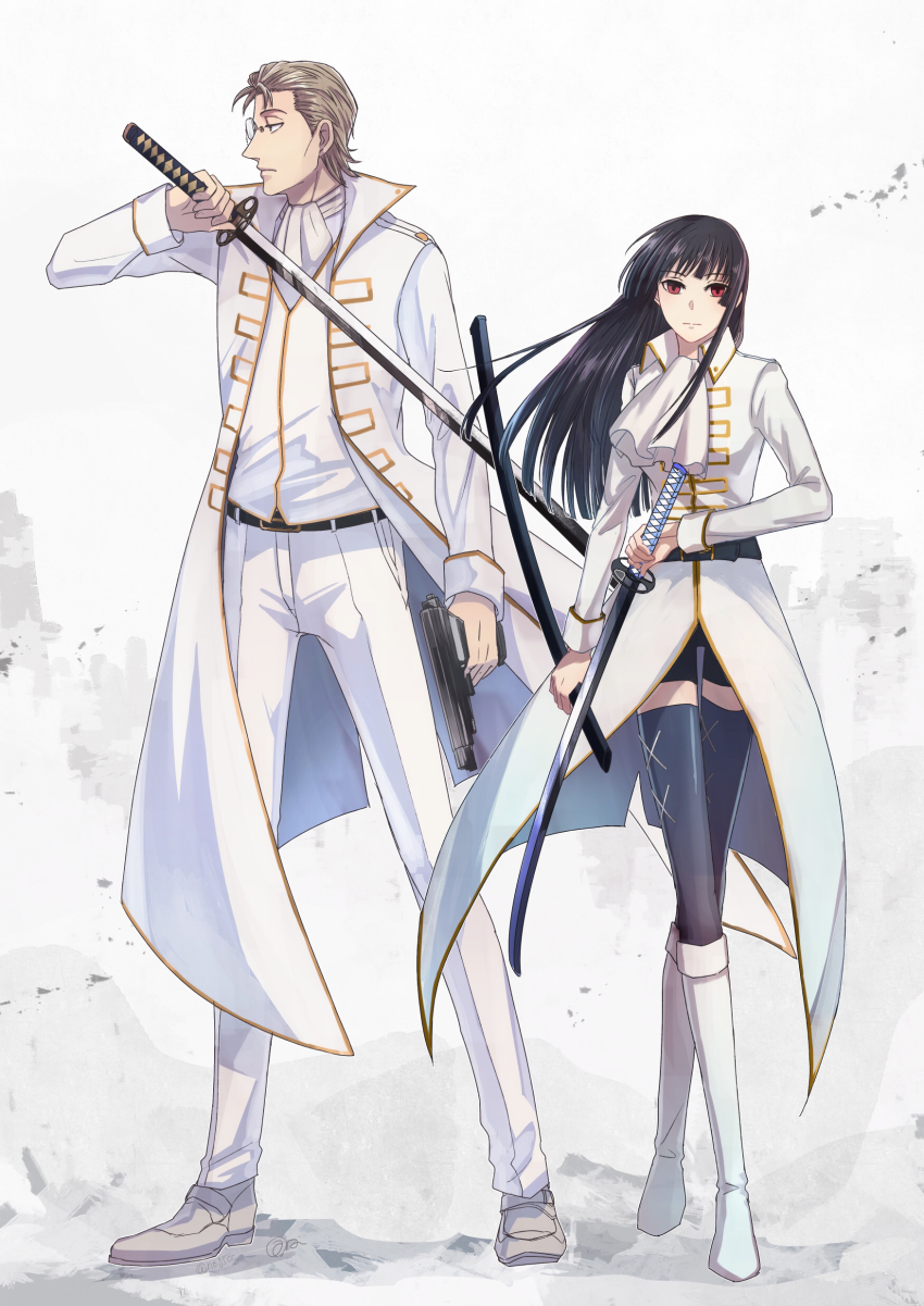 absurdres arakinoko ascot blue_hair blunt_bangs dark_blue_hair father_and_daughter gintama grey_hair gun hair_slicked_back handgun highres holding holding_sword holding_weapon imai_nobume long_sleeves military military_uniform monocle sasaki_isaburou sheath sword thighhighs weapon