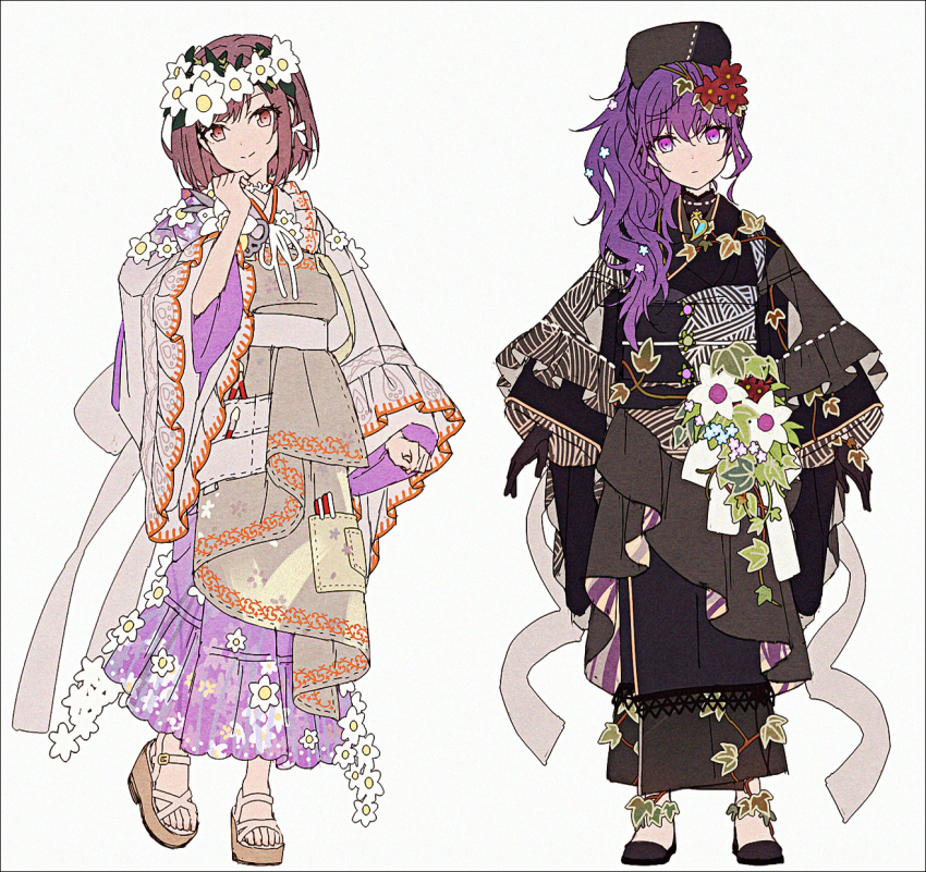 2girls adapted_costume asahina_mafuyu black_gloves black_hat black_kimono black_shoes brown_eyes brown_hair brown_sandals closed_mouth dress floral_print flower flower_wreath full_body gloves grey_background hair_between_eyes hair_flower hair_ornament hakusai_(tiahszld) hand_up hat head_wreath highres japanese_clothes kimono long_hair long_sleeves maigo_no_te_wo_hiku_sono_saki_wa_(project_sekai) mitasarenai_pale_color_(project_sekai) multiple_girls obi platform_sandals print_dress project_sekai purple_dress purple_eyes purple_hair red_flower revision sandals sash shinonome_ena shoes simple_background sleeves_past_wrists standing standing_on_one_leg wide_sleeves