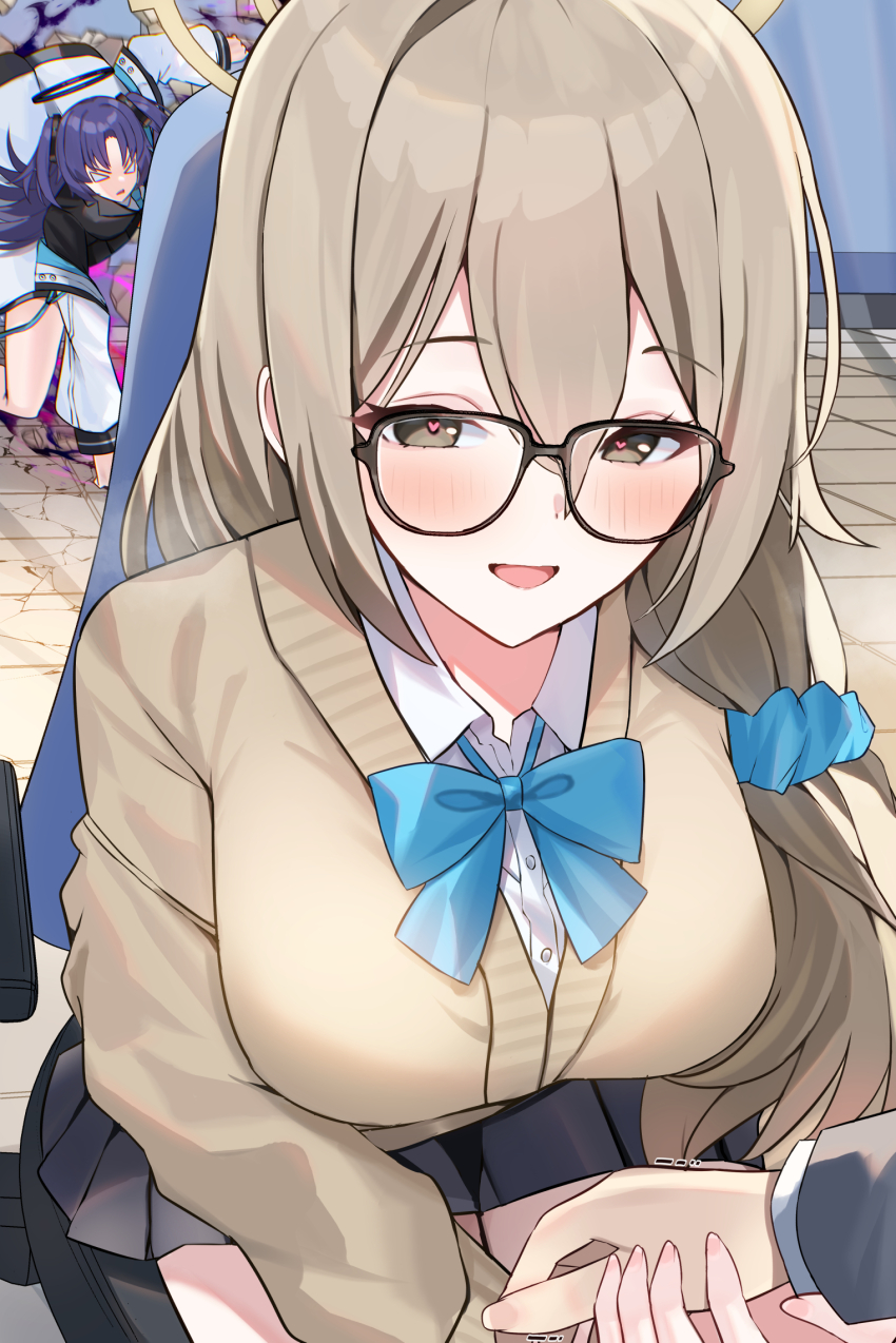 2girls akane_(blue_archive) akane_(school_uniform)_(blue_archive) blue_archive blue_bow blue_bowtie bow bowtie breasts brown_cardigan brown_eyes brown_hair cardigan glasses halo highres large_breasts long_hair mi_taro333 miniskirt multiple_girls pleated_skirt school_uniform sensei_(blue_archive) shirt skirt smile white_shirt yellow_background yellow_halo yuuka_(blue_archive)