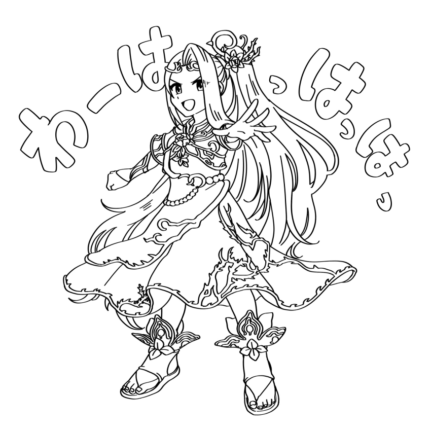 1girl 72kuri dress flower full_body hair_flower hair_ornament highres kid_icarus kid_icarus_uprising long_hair looking_at_viewer monochrome nintendo open_mouth ponytail smile solo standing translation_request v-shaped_eyebrows very_long_hair viridi
