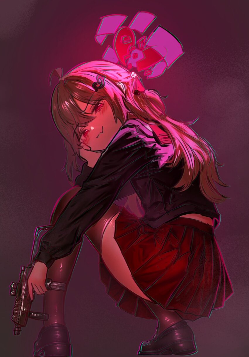 1girl ahoge blush borzoii bow broken_heart brown_hair evil_neuro-sama female_focus gun hair_between_eyes hair_ornament hair_ribbon heart heart_hair_ornament highres long_hair long_sleeves looking_at_viewer neuro-sama red_bow red_eyes red_ribbon ribbon shoes simple_background skirt solo submachine_gun tagme thighhighs two_side_up vedal_ai virtual_youtuber weapon
