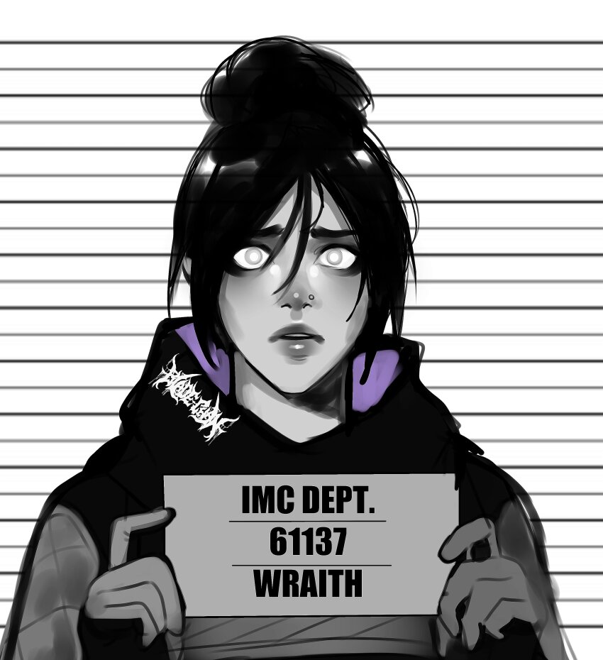 1girl absurdres animification apex_legends barbie_(franchise) barbie_(live_action) barbie_mugshot_(meme) character_name commentary english_commentary frown glowing glowing_eyes hair_between_eyes hair_bun highres holding holding_sign hood hood_down looking_at_viewer meme monochrome mugshot no_pupils nose_piercing nsfwolf piercing portrait scared sign single_hair_bun solo spot_color wraith_(apex_legends)