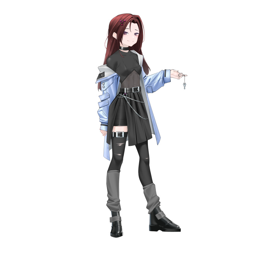 1girl abs absurdres belt boots breasts brown_hair chain choker commission commissioner_upload digital_hazard dusk_(wayanfa) earrings hair_ornament highres jacket jewelry leg_warmers light_blue_jacket long_hair non-web_source original pendant pink_eyes rhan shirt small_breasts smug thigh_belt thigh_strap thighhighs thighs tight_clothes tight_shirt transparent_background