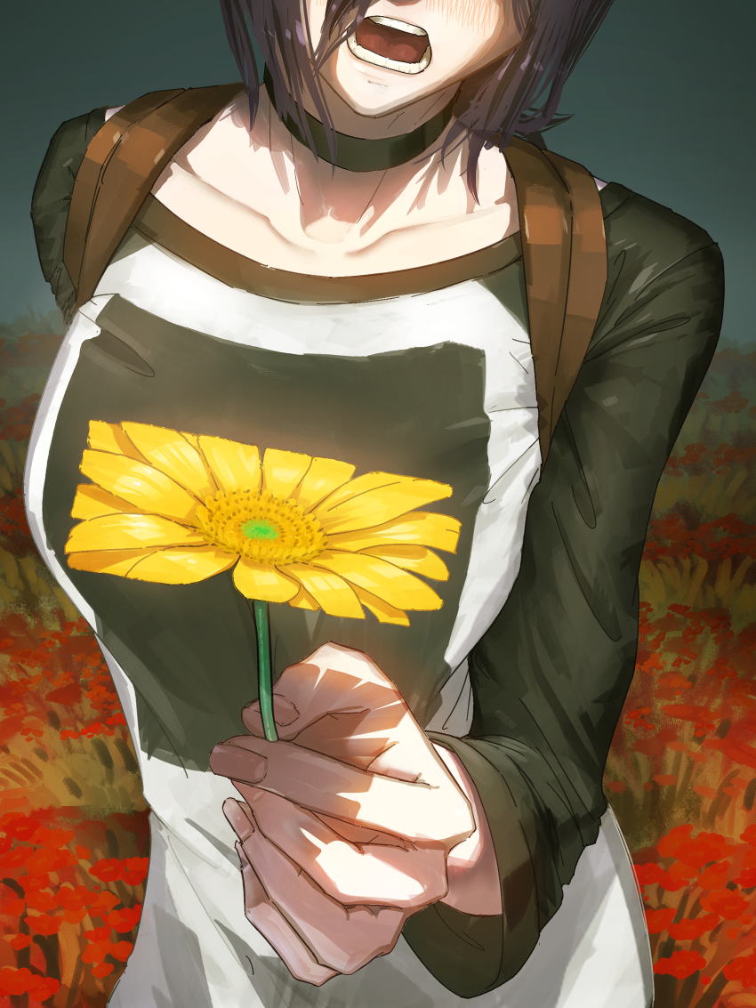 1girl absurdres bag black_choker black_hair black_shirt blending blush chainsaw_man choker collarbone flower head_out_of_frame highres holding holding_flower open_mouth reaching reaching_towards_viewer reze_(chainsaw_man) shirt smile_(qd4nsvik) solo upper_body white_shirt