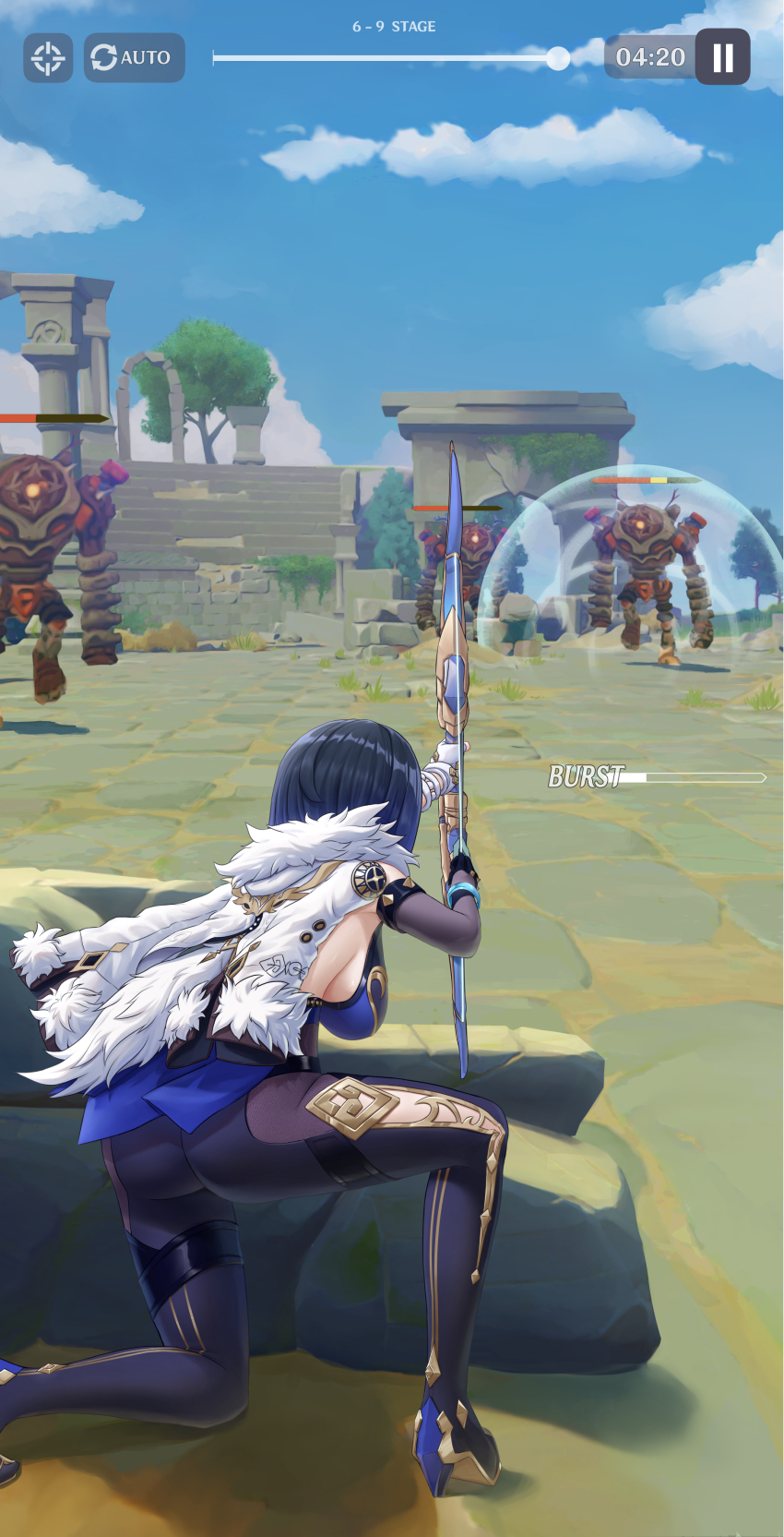 1girl 420_(meme) 69_(meme) absurdres ass ass_focus behind_cover black_hair bow bow_(weapon) breasts coat drawing_bow earrings genshin_impact goddess_of_victory:_nikke health_bar highres hime_cut holding holding_bow_(weapon) holding_weapon jewelry large_breasts luizhtx meme on_one_knee open_clothes open_coat pause_button robot sagging_breasts squatting thighs user_interface weapon white_coat yelan_(genshin_impact)