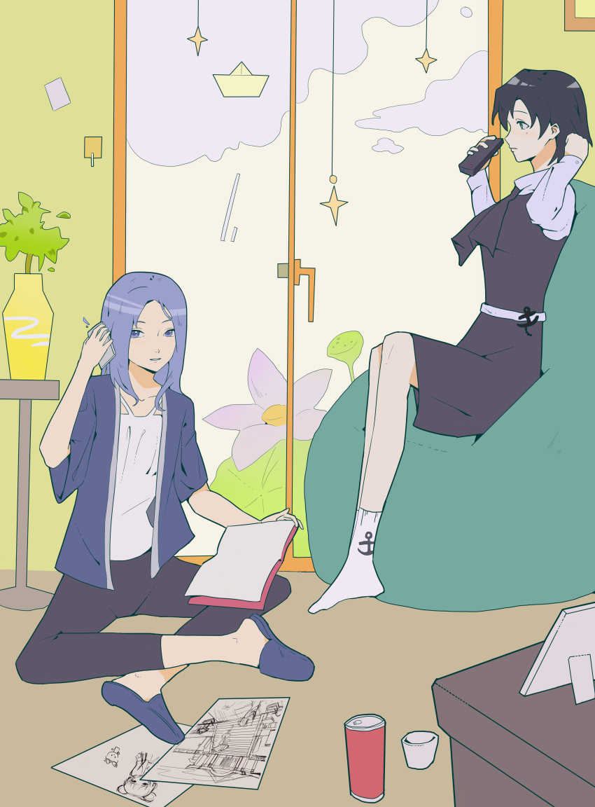 2girls absurdres alternate_costume anchor_symbol ascot bean_bag_chair black_ascot black_hair black_pants black_skirt black_vest blue_hair blue_jacket blue_slippers camisole can contemporary cup drawing_(object) highres holding holding_phone jacket kumoi_ichirin long_hair long_sleeves multiple_girls murasa_minamitsu pants phone picture_frame plant potted_plant shirt short_hair sitting skirt slippers socks thursyue touhou vase vest white_camisole white_shirt white_socks