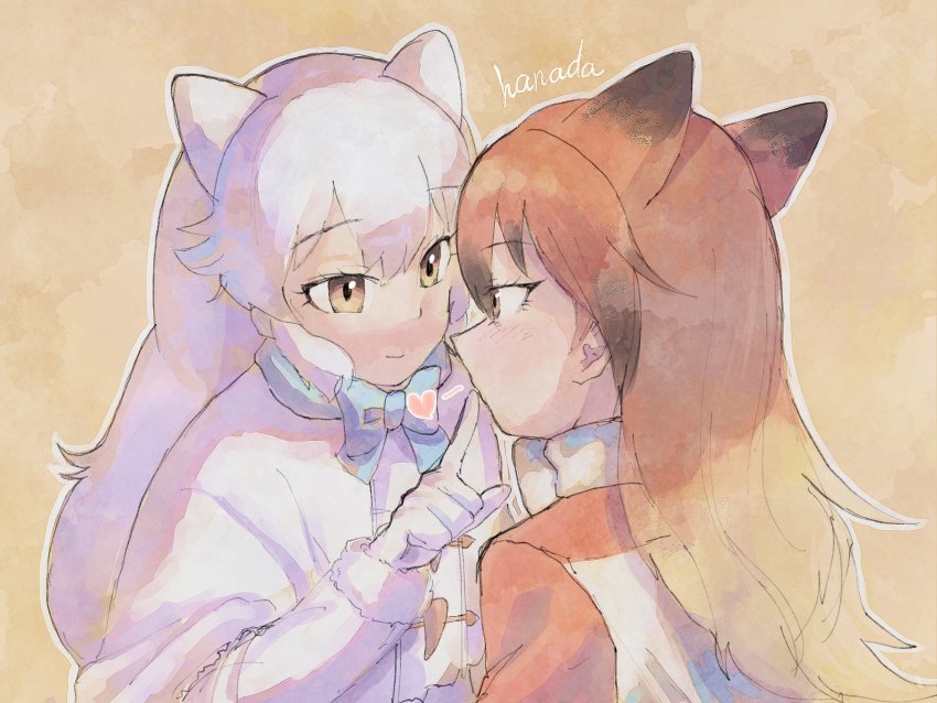 2girls animal_ears arctic_fox_(kemono_friends) blue_bow blue_bowtie blush bow bowtie brown_hair capelet coat extra_ears finger_to_another&#039;s_mouth fox_ears fox_girl fur_trim gloves hanada_(cobalt003) heart highres kemono_friends long_hair long_sleeves multicolored_hair multiple_girls orange_coat orange_hair red_fox_(kemono_friends) sidelocks white_bow white_bowtie white_capelet white_coat white_fur white_gloves white_hair winter_clothes winter_coat yellow_eyes