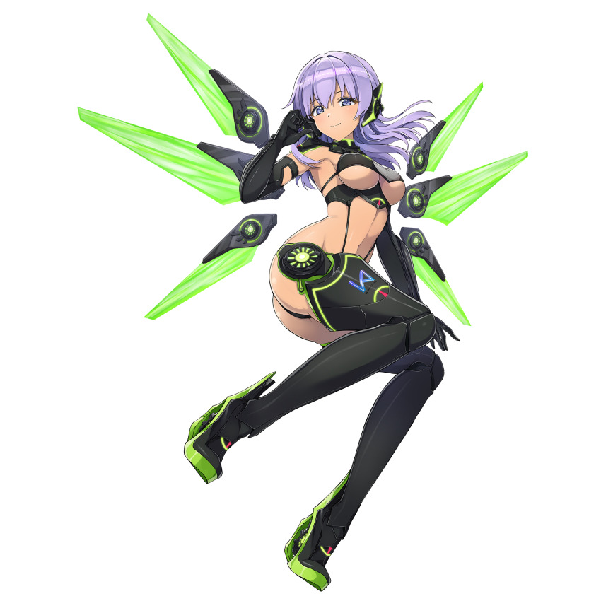 1girl bikini black_bikini black_gloves blue_eyes boots breasts cleavage closed_mouth dark-skinned_female dark_skin dolphin_wave elbow_gloves game_cg gloves glowing glowing_wings high_heel_boots high_heels highres long_hair looking_at_viewer mecha mecha_musume mechanical_wings navel non-web_source official_alternate_costume official_art ootomo_takuji purple_hair robot small_breasts smile solo souma_hayate spread_wings swimsuit thigh_boots transparent_background underboob wings
