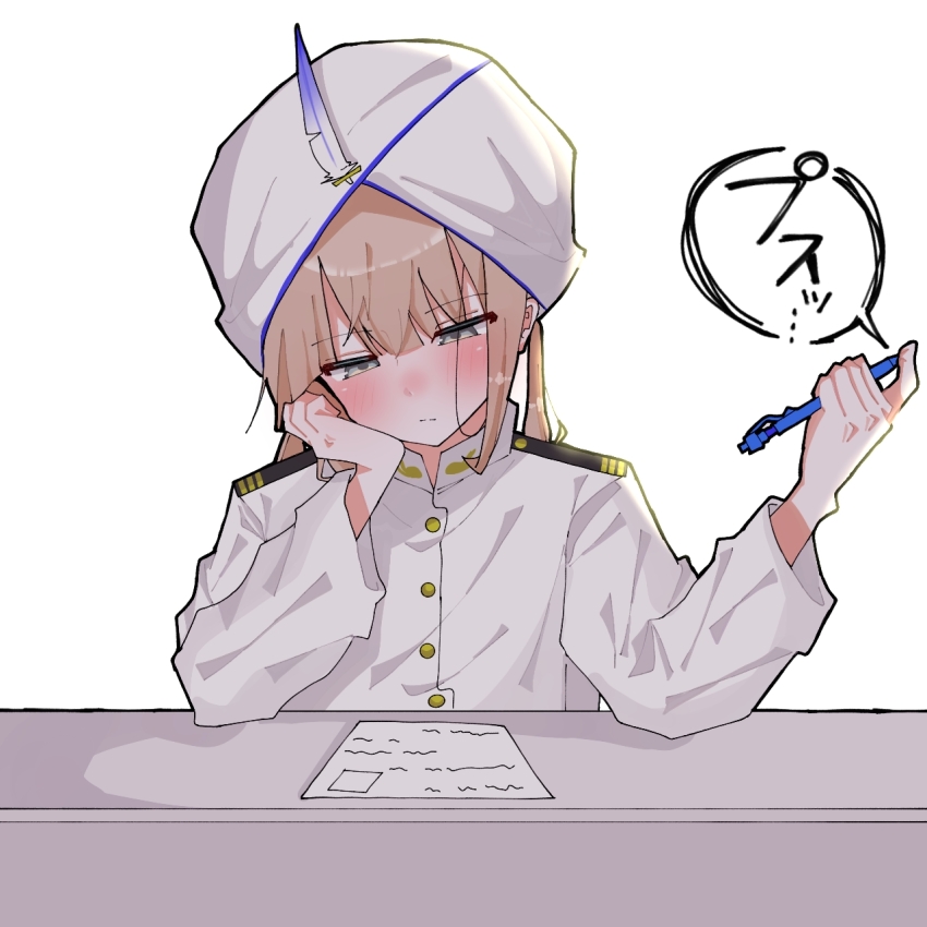 1boy androgynous ball_point_pen brown_hair captain_nemo_(fate) epaulettes fate/grand_order fate_(series) hair_between_eyes hand_on_own_cheek hand_on_own_face hat_feather highres holding holding_pen long_hair long_sleeves looking_at_paper military_rank_insignia military_uniform naval_uniform nemo_(fate) paper pen rruu8474 simple_background sitting solo table turban white_background