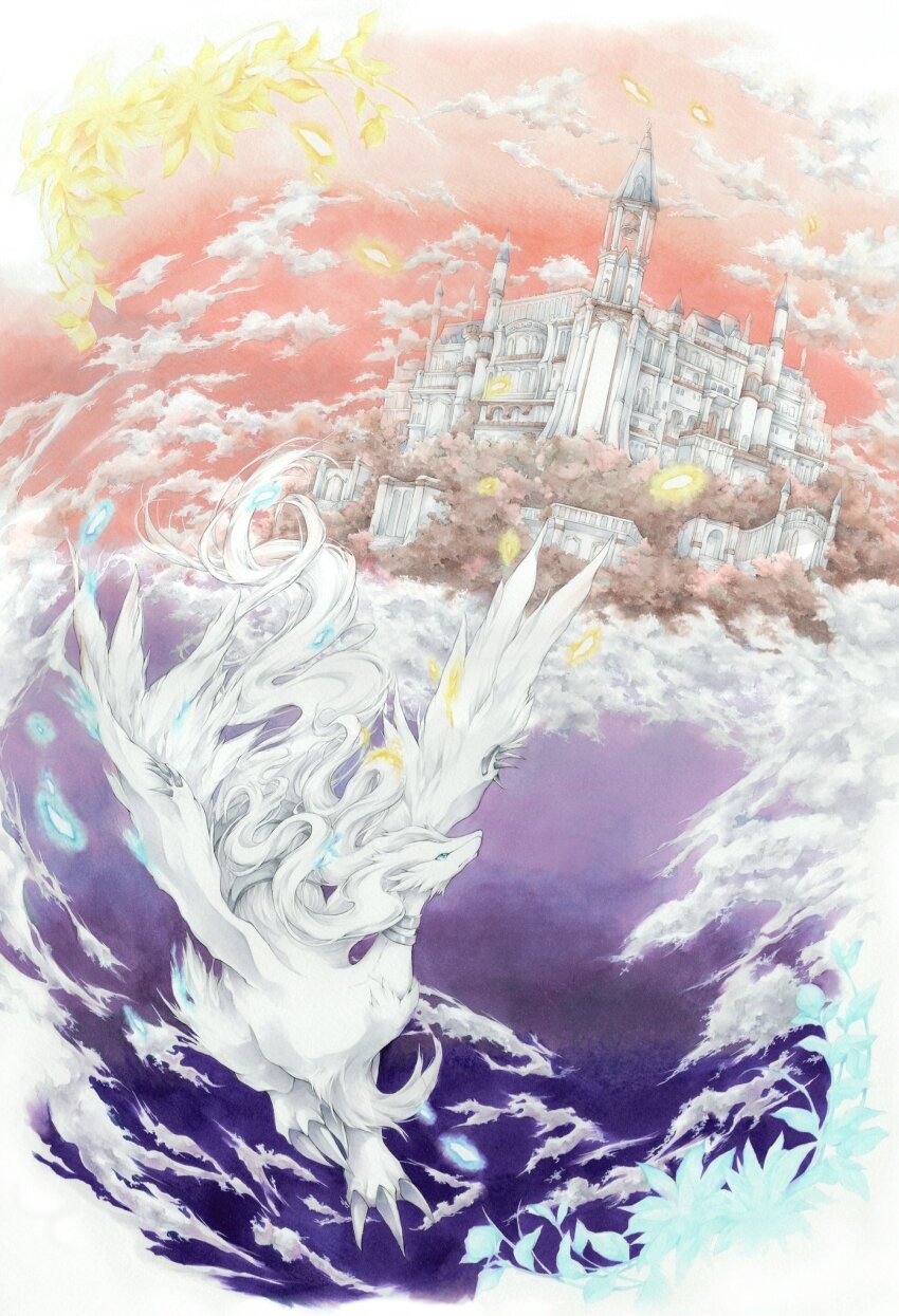 blue_eyes castle claws closed_mouth cloud commentary english_commentary flying fortress gen_5_pokemon highres legendary_pokemon nintendo no_humans pokemon pokemon_(creature) red_sky reshiram ryuukyou sky tree white_fur wings