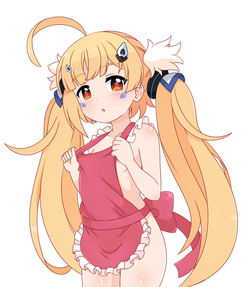 1girl :o ahoge apron azur_lane back_bow bare_arms blonde_hair blunt_bangs blush bow breasts brown_eyes clothes_grab cowboy_shot eldridge_(azur_lane) facial_mark frilled_apron frills hair_ornament hands_up huge_ahoge kaze_(2kaze5) long_hair looking_at_viewer naked_apron nipples no_bra open_mouth red_apron red_bow simple_background small_breasts solo standing twintails very_long_hair white_background