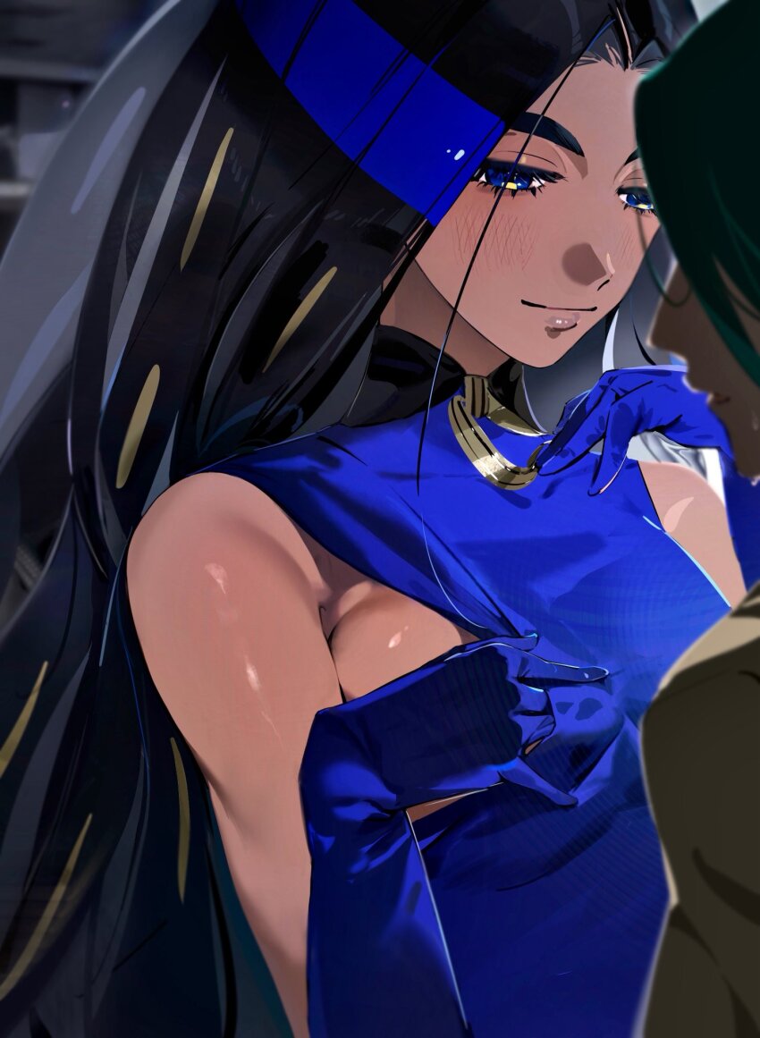 2girls black_hair blue_eyes blue_gloves blue_shirt blurry breasts closed_mouth dark-skinned_female dark_skin depth_of_field eyelashes geeta_(pokemon) geetasdog gloves green_hair half-closed_eyes hands_up highres long_hair looking_down multicolored_hair multiple_girls neck_ribbon nintendo pokemon pokemon_sv ribbon rika_(pokemon) shirt sleeveless sleeveless_shirt streaked_hair yellow_ribbon