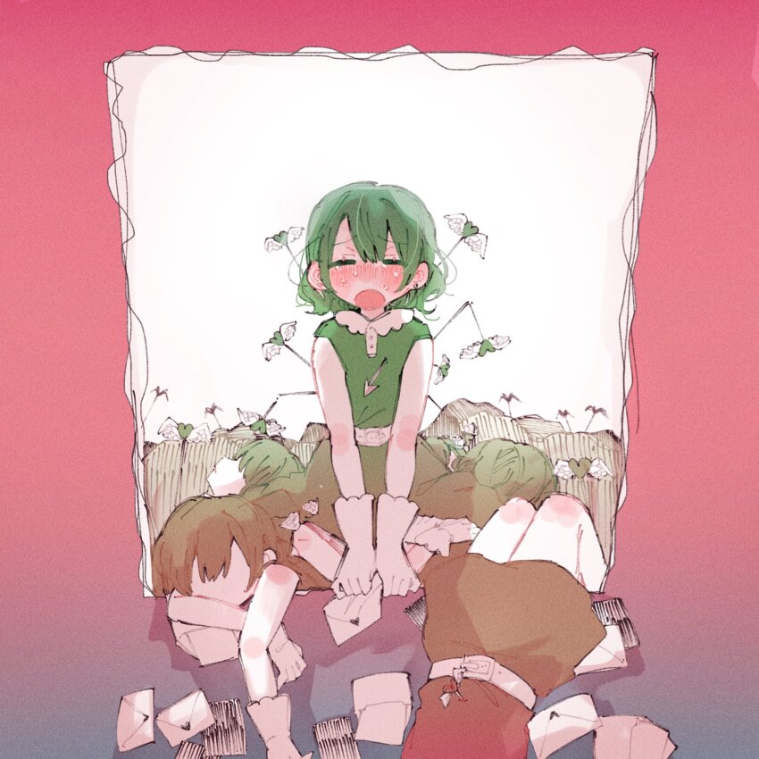 1girl 6+girls arrow_(projectile) arrow_in_body blush clone closed_eyes crying dress envelope facing_viewer gloves gradient_background green_hair heart heart_arrow highres holding holding_envelope iyowa_girls letter love_letter multiple_girls open_mouth pile_of_corpses pink_background ronroro shadow short_hair sitting sleeveless sleeveless_dress tabun_owari_(vocaloid) tawari_(iyowa) white_gloves