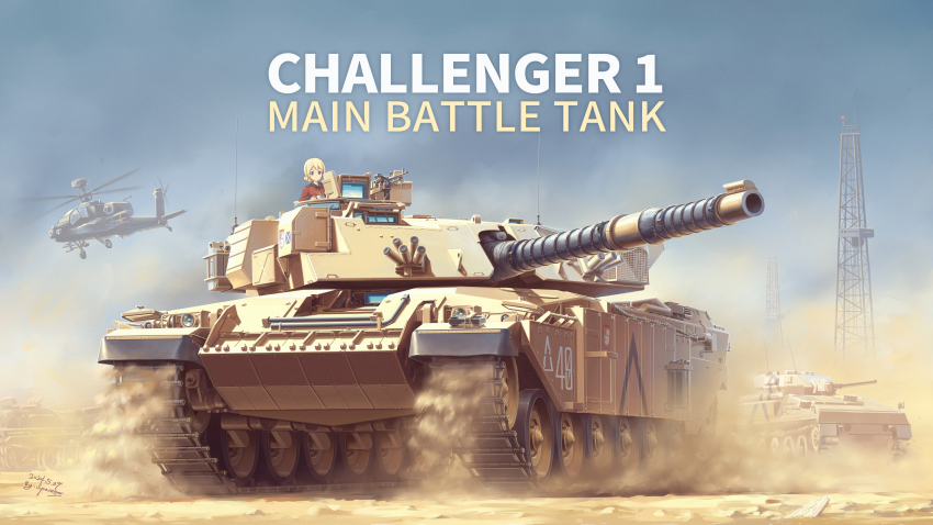 1girl absurdres ah-64_apache aircraft attack_helicopter blonde_hair blue_eyes braid camouflage cannon caterpillar_tracks challenger_1 commission cup darjeeling_(girls_und_panzer) day desert desert_camouflage dust emblem girls_und_panzer helicopter highres jacket long_sleeves military_vehicle motor_vehicle outdoors pixiv_commission red_jacket short_hair smile solo spacebar_hobby st._gloriana&#039;s_(emblem) st._gloriana&#039;s_military_uniform tank teacup united_kingdom vehicle_focus