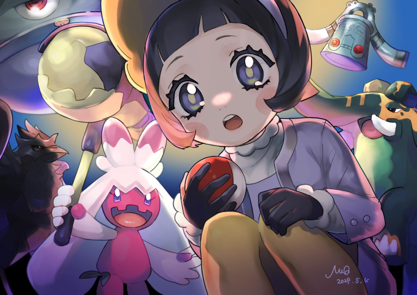 1girl :o black_hair blush_stickers bright_pupils bronzong commentary_request copperajah corviknight eyelashes gen_4_pokemon gen_8_pokemon gloves grey_eyes grey_jacket highres jacket long_sleeves looking_down magnezone meq_(xwtc4338) nintendo open_clothes open_jacket open_mouth pantyhose pokemon pokemon_(creature) pokemon_sv poppy_(pokemon) short_hair squatting teeth tinkaton upper_teeth_only yellow_pantyhose