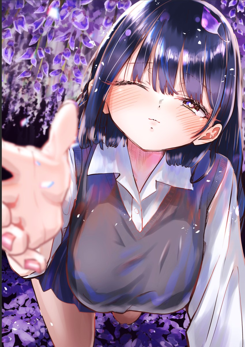 1girl all_fours black_hair blush boku_no_kokoro_no_yabai_yatsu breasts brown_eyes brown_sweater_vest collared_shirt commentary heart heart-shaped_pupils highres large_breasts long_hair m2bou one_eye_closed pleated_skirt purple_skirt reaching reaching_towards_viewer school_uniform shirt skirt solo sweater_vest symbol-shaped_pupils white_shirt yamada_anna