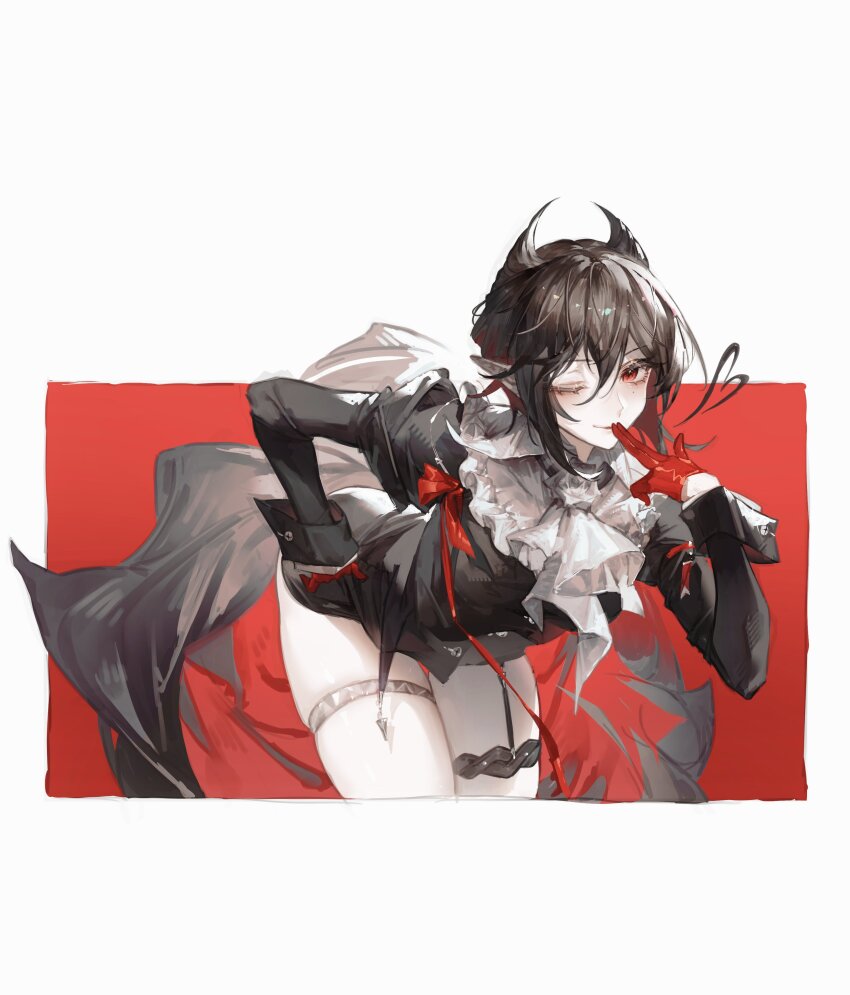 1girl ;) absurdres arknights ascot bent_over black_dress black_hair border chinese_commentary closed_mouth colored_inner_hair commentary_request dress entelechia_(arknights) fingers_to_mouth gloves hair_between_eyes hair_horns heart highres long_sleeves looking_at_viewer mole mole_under_eye multicolored_hair one_eye_closed orange_eyes outside_border red_background red_gloves red_hair short_hair simple_background smile solo standing takano_jiyuu thigh_strap white_ascot white_border