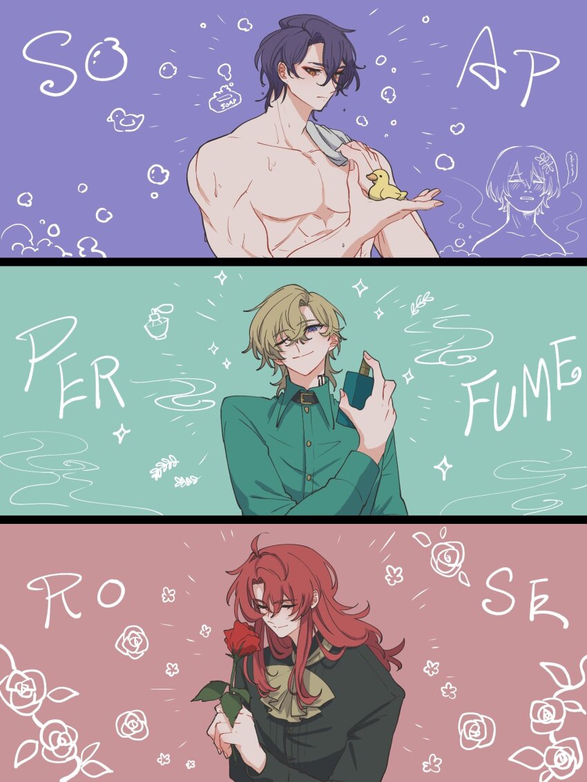 3boys ahoge aqua_shirt argenti_(honkai:_star_rail) ascot aventurine_(honkai:_star_rail) bar_soap biceps black_collar black_shirt blonde_hair blue_eyes bottle buttons closed_eyes closed_mouth collar collarbone collared_shirt commentary commentary_request crossed_bangs dr._ratio_(honkai:_star_rail) english_commentary english_text expressionless flower green_background hair_between_eyes hand_up hands_up highres holding holding_bottle holding_flower honkai:_star_rail honkai_(series) long_hair long_sleeves looking_at_viewer male_focus mixed-language_commentary multicolored_eyes multiple_boys neck_tattoo obibi1105 one_eye_closed parted_bangs pectorals perfume_bottle plant purple_background purple_eyes purple_hair red_background red_eyes red_flower red_hair red_rose rose rubber_duck shirt short_hair sidelocks simple_background smelling smelling_flower smile soap_bubbles tattoo topless_male towel towel_on_one_shoulder upper_body vines wet wing_collar yellow_ascot yellow_eyes