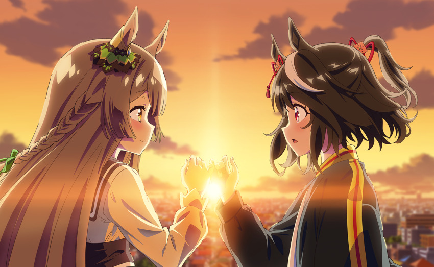 2girls animal_ears anime_coloring artist_request black_jacket black_sailor_collar black_sash blunt_bangs blurry blurry_background bow braid brown_hair city closed_mouth cloud depth_of_field diamond_(shape) dress ear_ornament ear_ribbon eye_contact eyelashes face-to-face flower frilled_sleeves frills from_side game_cg green_ribbon hair_between_eyes hair_flower hair_ornament hair_ribbon horse_ears horse_girl jacket kitasan_black_(umamusume) lens_flare light_blush long_hair long_sleeves looking_at_another multicolored_hair multiple_girls official_art open_clothes open_jacket open_mouth orange_sky outdoors pink_flower pinky_swear pointy_nose ponytail puffy_long_sleeves puffy_sleeves red_eyes red_ribbon ribbon sailor_collar sash satono_diamond_(umamusume) shirt short_hair short_ponytail single_braid sky smile straight_hair streaked_hair sun sunset tareme umamusume upper_body very_long_hair waist_sash wavy_hair white_dress white_shirt yellow_eyes